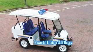 Beobachten Sie: 5-Sitzer-Elektro-Golfbuggy mit Warnlicht, ausgestattet mit 48-V-Lithiumbatterie-Vitrine